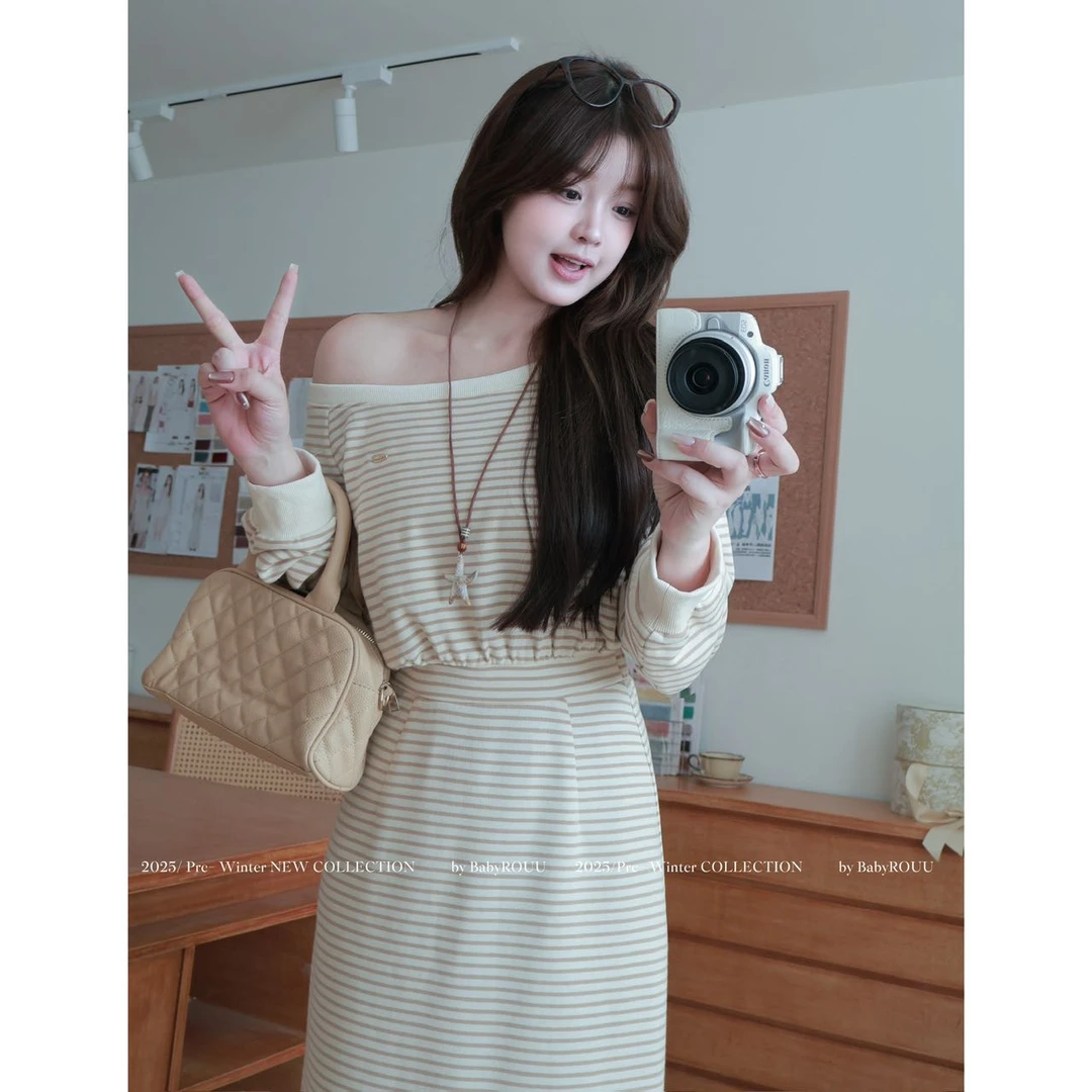 【松弛记号】温与柔秋冬温柔风斜肩条纹收腰显瘦长袖通勤连衣裙