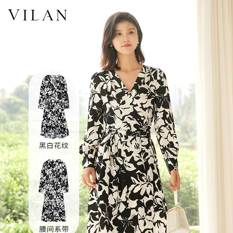 VILAN/慧兰V领连衣裙女高腰显瘦中长款1015春季新款通勤碎花裙子