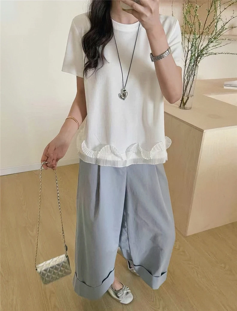 春夏新款圆领蝴蝶装饰荷叶边下摆短袖T女短款上衣小衫