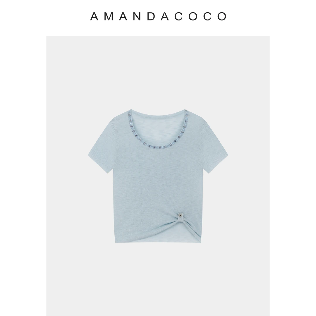 夏日轻氧～夏季薄款串珠大U领显瘦欧若风短袖针织衫