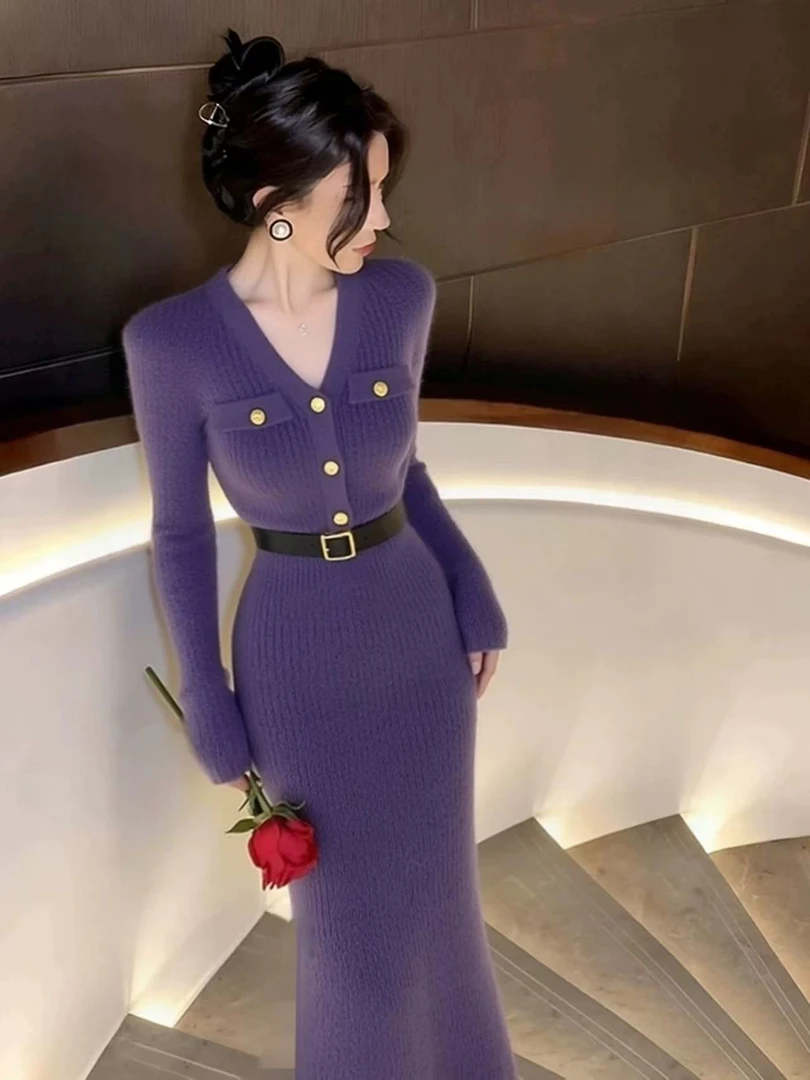 SS5605约会名媛高端小洋装气质小香风紫色内搭针织连衣裙子女