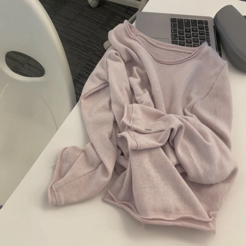 藕粉色漂亮卷边针织衫女2025秋季新款松弛感宽松百搭长袖上衣ins