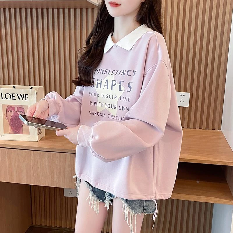 早秋装娃娃领卫衣女春秋季韩版宽松大码薄款领假两件上衣外套