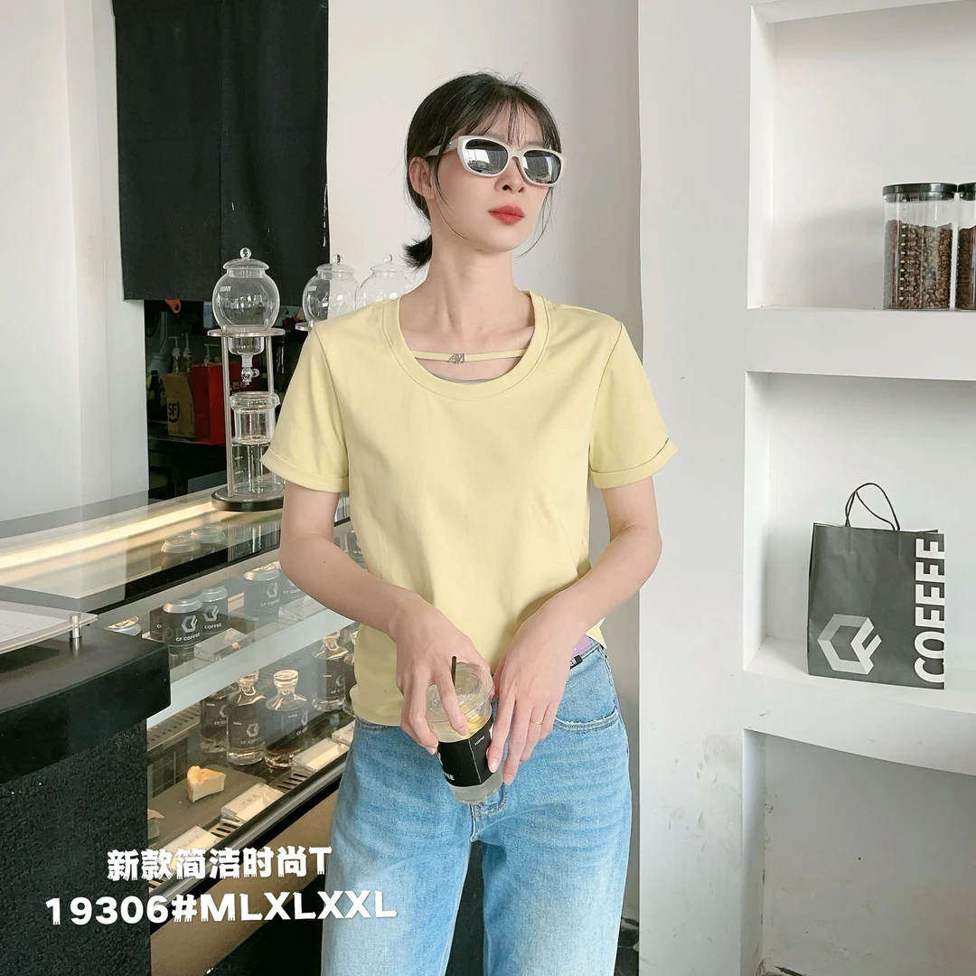 修身常规款通勤轻职风短袖白色简约罗马风T恤短款19306