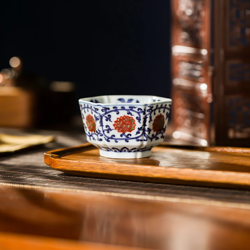 〖瑶瑶甄选〗明和堂青花釉里红缠枝莲六方杯手工手绘景德镇茶器