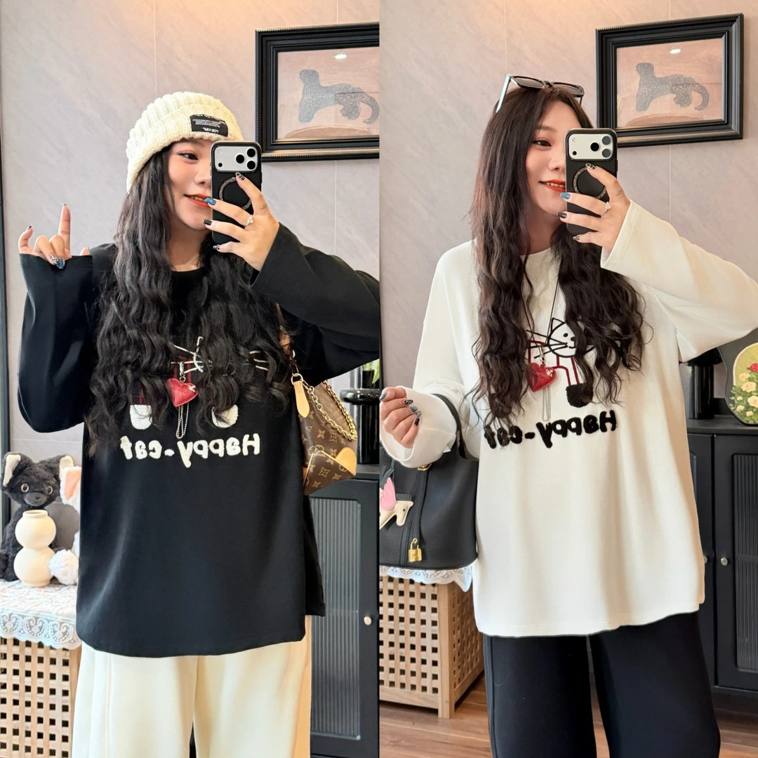 花契“雪庭煮茶”大码女装冬季宽松200斤胖mm慵懒松弛感T恤16251-H