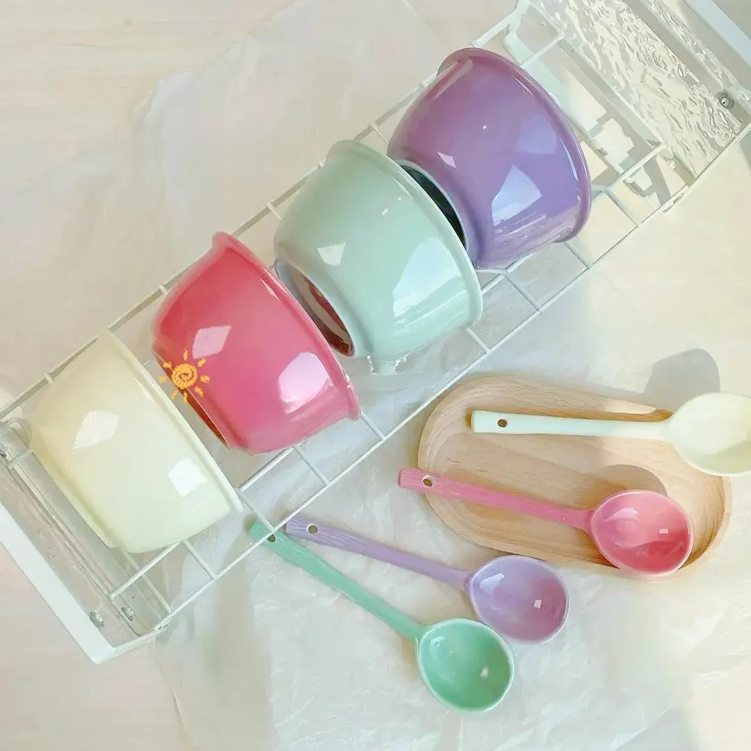 【4碗/4碗4勺】奶油风陶瓷碗米饭碗家用碗饭碗防烫可爱餐具吃饭碗