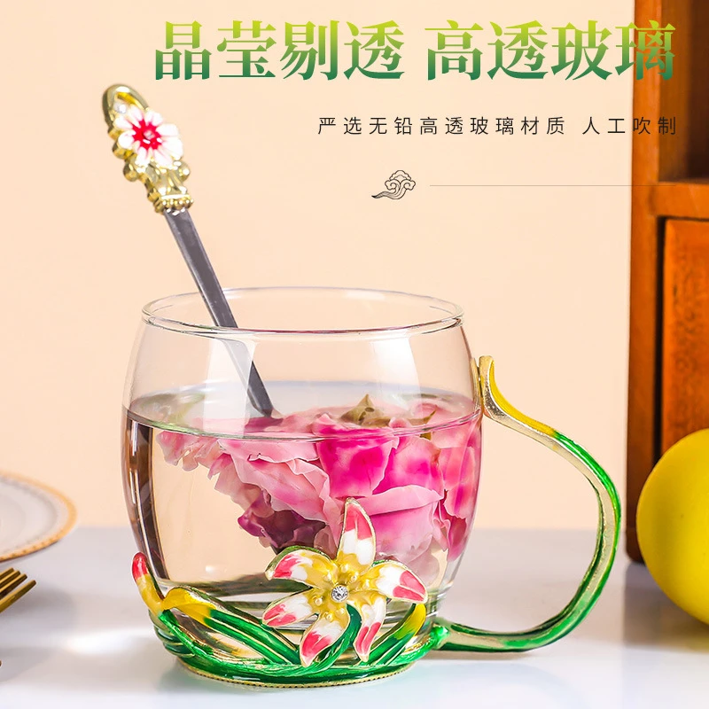 家用新款鸢尾珐琅彩花茶杯玻璃杯高透泡茶壶茶水分离大容量水壶