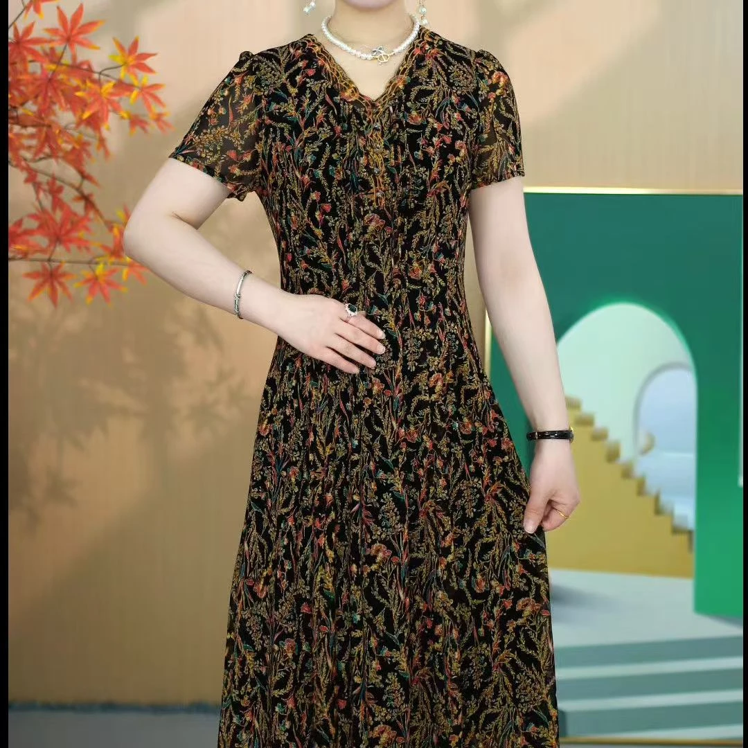 2025夏季新款妈妈装高档网纱裙子高端时尚气质连衣裙大码女妈妈装