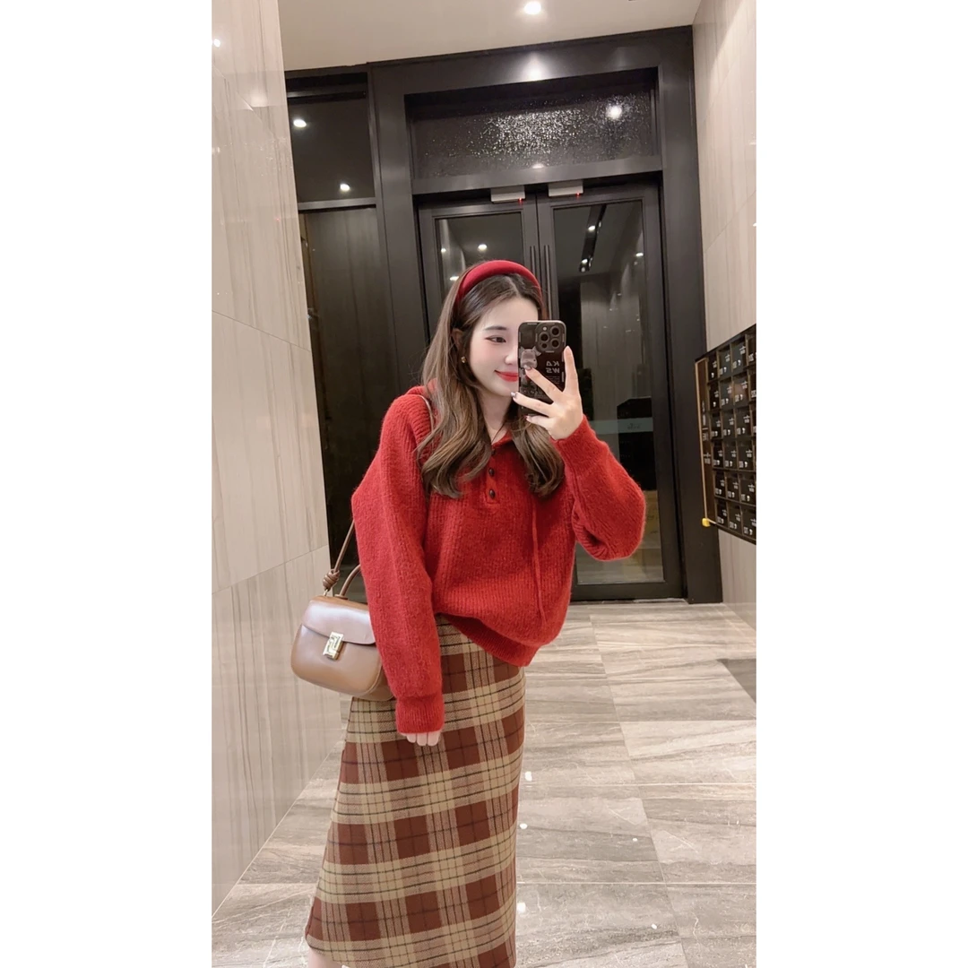 奈奈妮【香草奶盖】连帽毛衣显瘦慵懒风百搭针织上衣5439