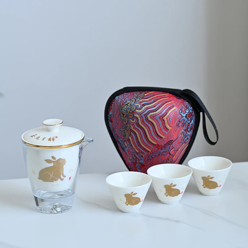 瓷韵优品 便捷式旅行功夫茶具金兔旅行快客防烫玻璃-1636