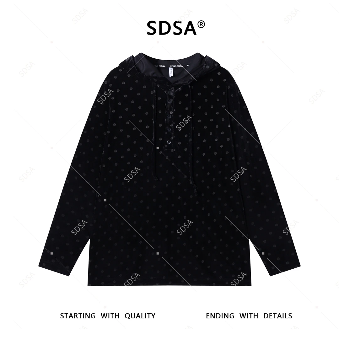 SDSA男士长袖t恤2025新款轻奢痞帅男装绒面波点连帽慵懒风男装潮