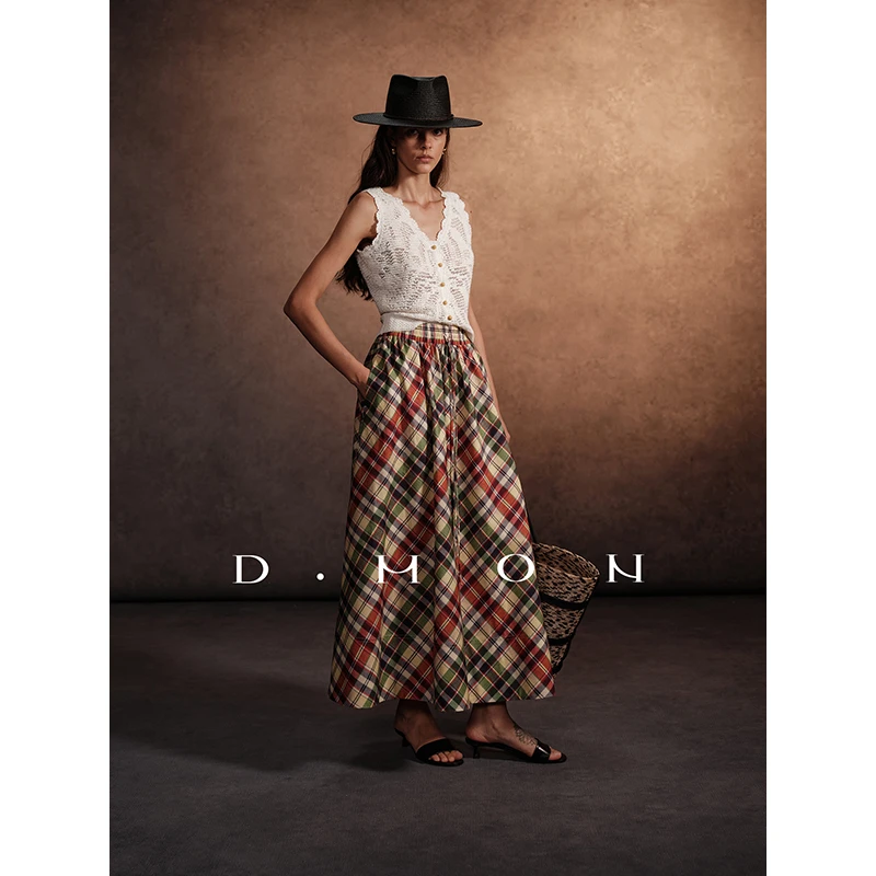 DMON｜南法假日_复古时髦格纹显瘦松紧腰抽绳A型大裙摆半裙
