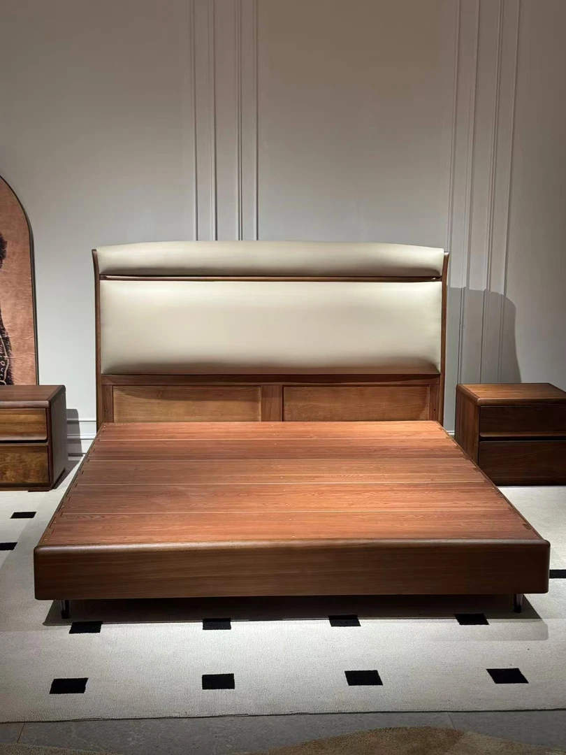 （实木红橡-205#床）红橡木实木头层牛皮1.8米主卧双人大床