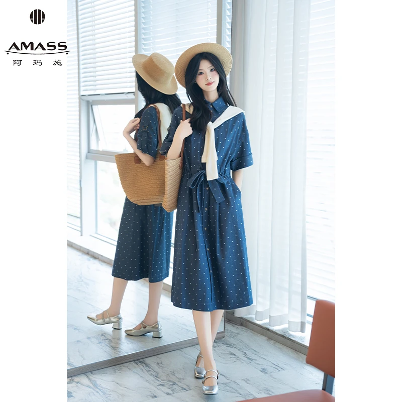 AMASS/阿玛施新款潮流时尚复古波点工装短袖牛仔连衣裙女 5500590