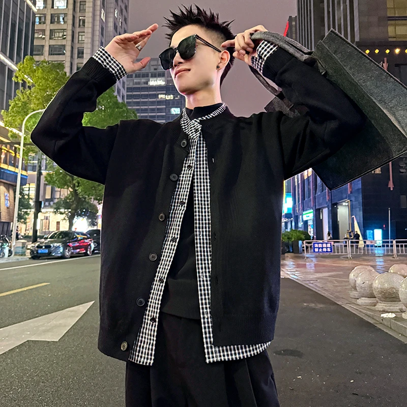 格子拼接假两件毛衣外套男款秋季潮流高级感针织开衫帅气夹克男装