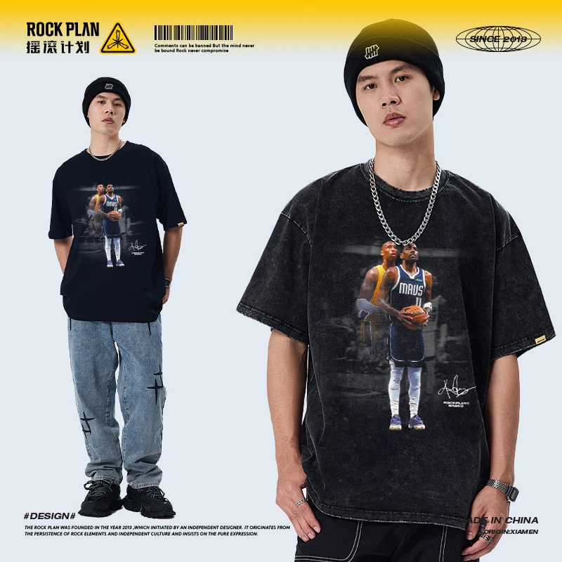 摇滚计划欧文科比印花做旧美式嘻哈潮牌复古男女同款纯棉短袖t恤