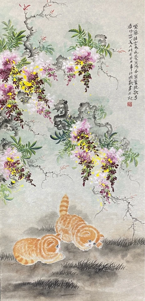 新中式装饰画紫藤小猫