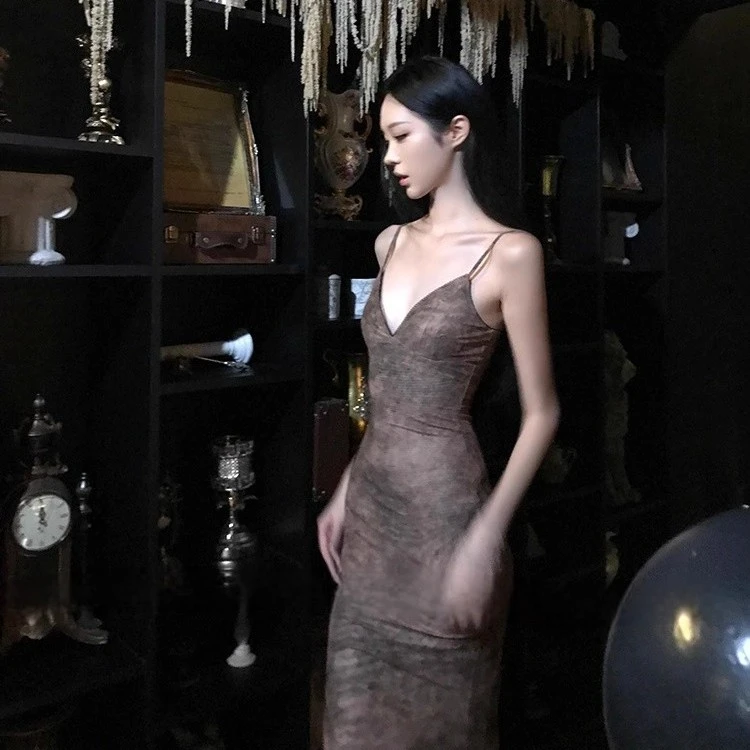 SYJ/舒衣家 法式名媛性感深V领无袖洋装女气质收腰显瘦包臀长裙