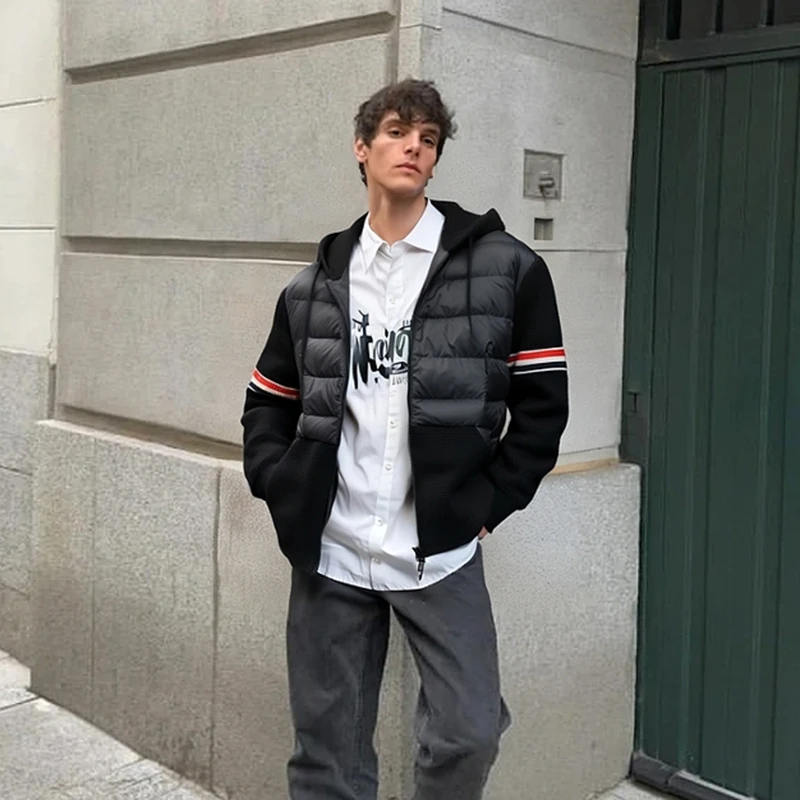 连帽休闲百搭冬季男拼接羽绒服修身显瘦夹克轻奢外套2025新款