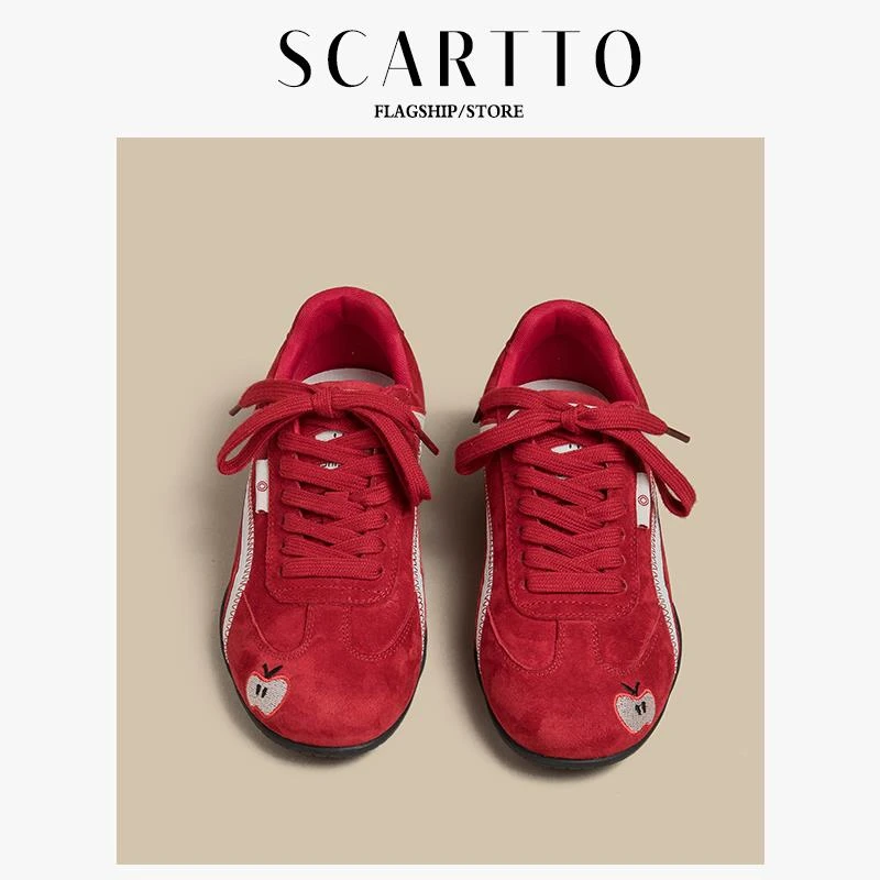 红色德训鞋女2025春夏新款复古平底板鞋小众苹果鞋休闲运动阿甘鞋