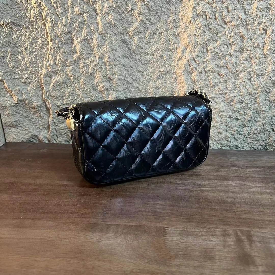 YNPO24年秋冬新款真皮重工女包宽链条肩带长棍黑色