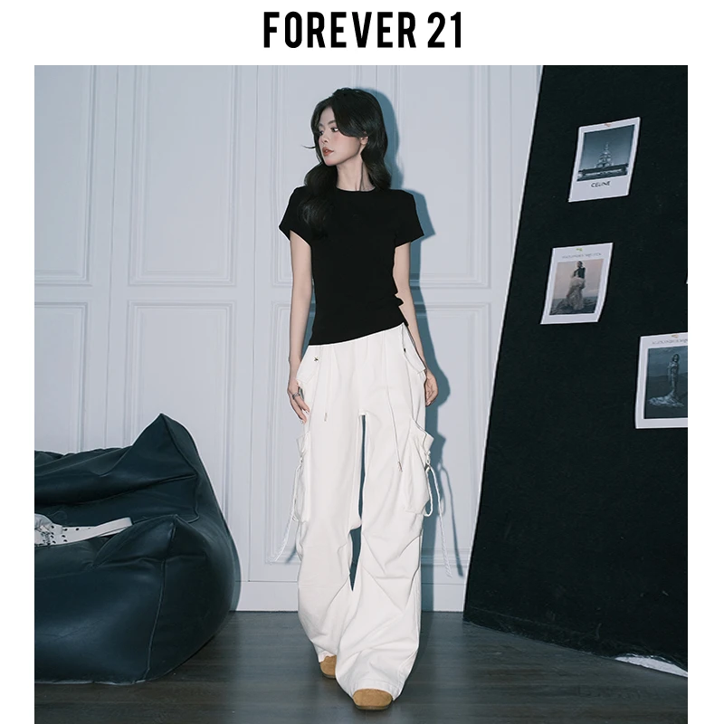 Forever 21新款美式白色工装阔腿牛仔裤女高腰垂感宽松梨形直筒裤
