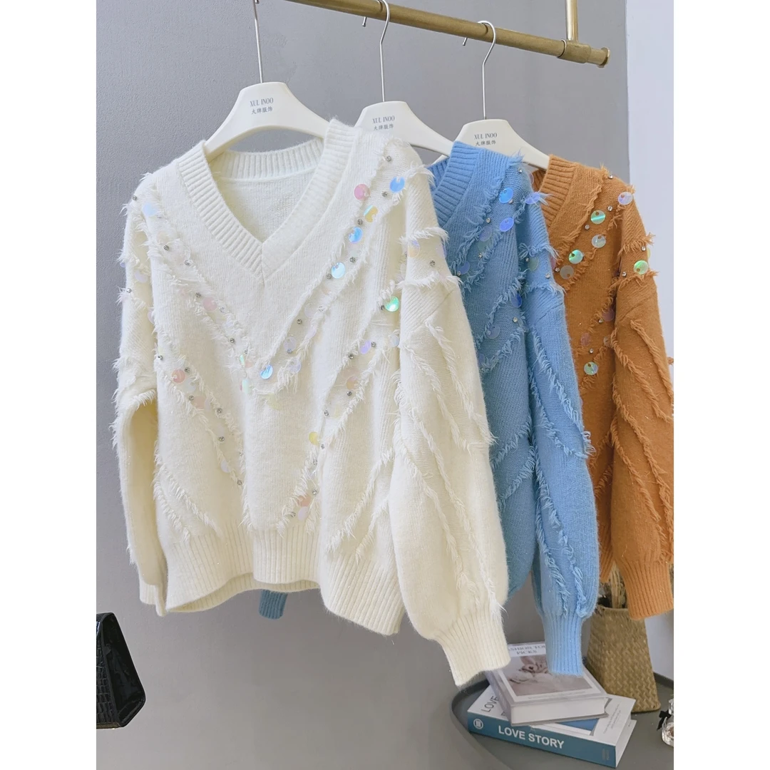 丨早秋新款多色简约风高级感氛围亮片慵懒感毛衣 4332
