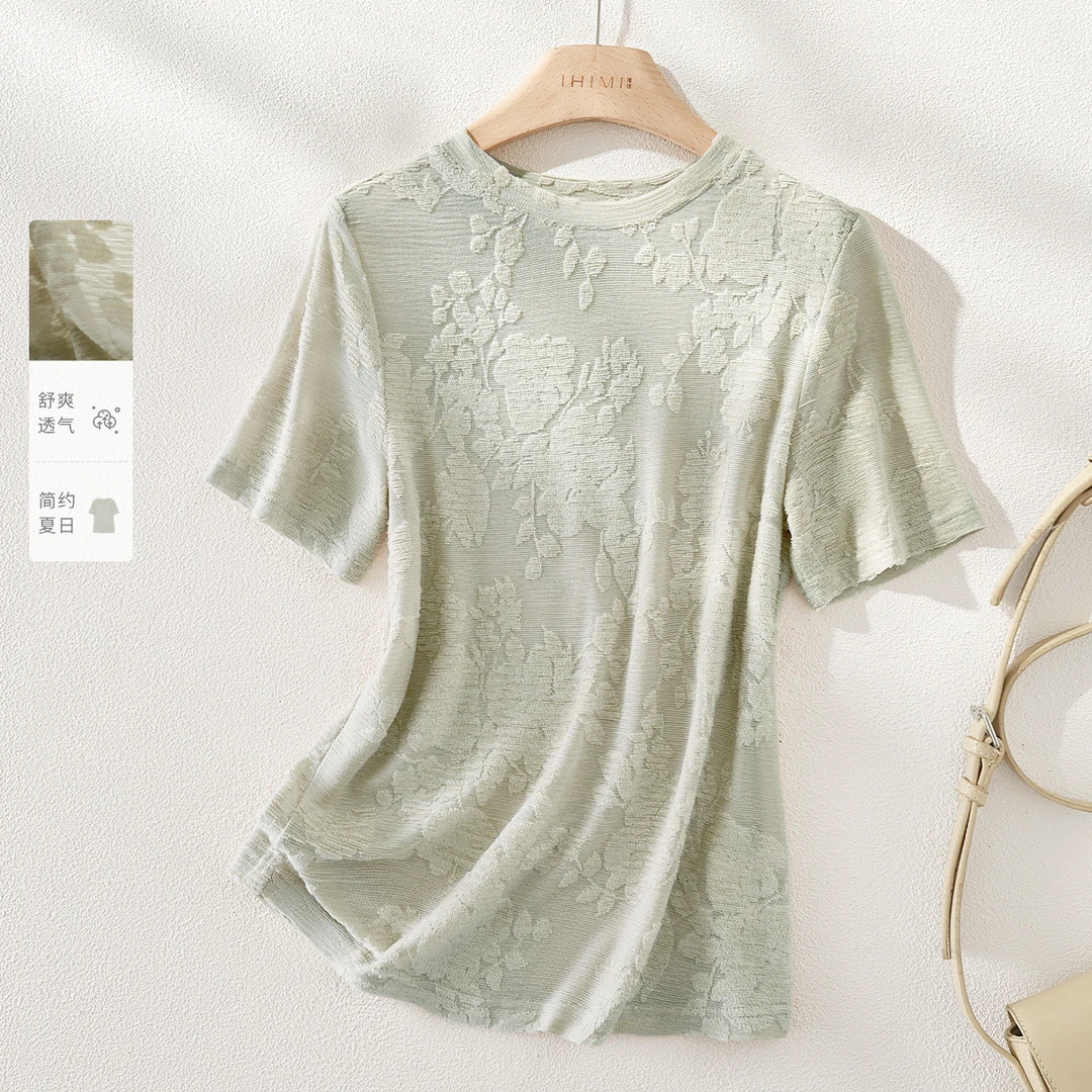 IHIMI/海谧亲肤好穿肌理圆领短袖2025夏季新款极简基础多色T恤女