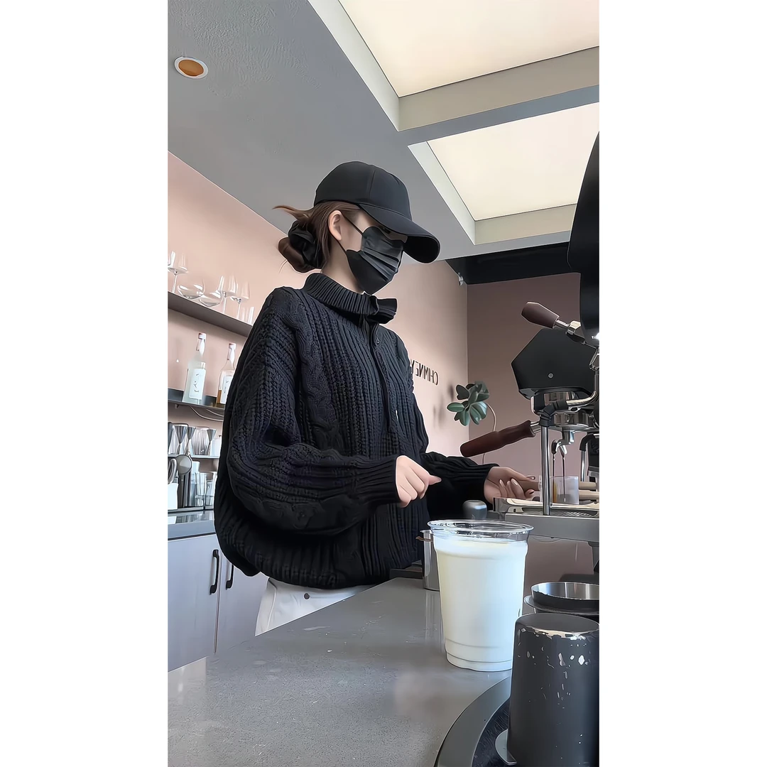 秋冬麻花高领纽扣针织套头毛衣慵懒感上衣直筒宽松垂感休闲阔腿裤