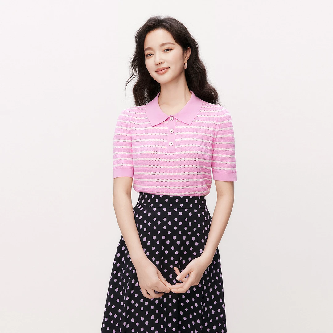 【安雅专属】条纹短袖针织衫女翻领修身显瘦休闲百搭上衣KZ03869