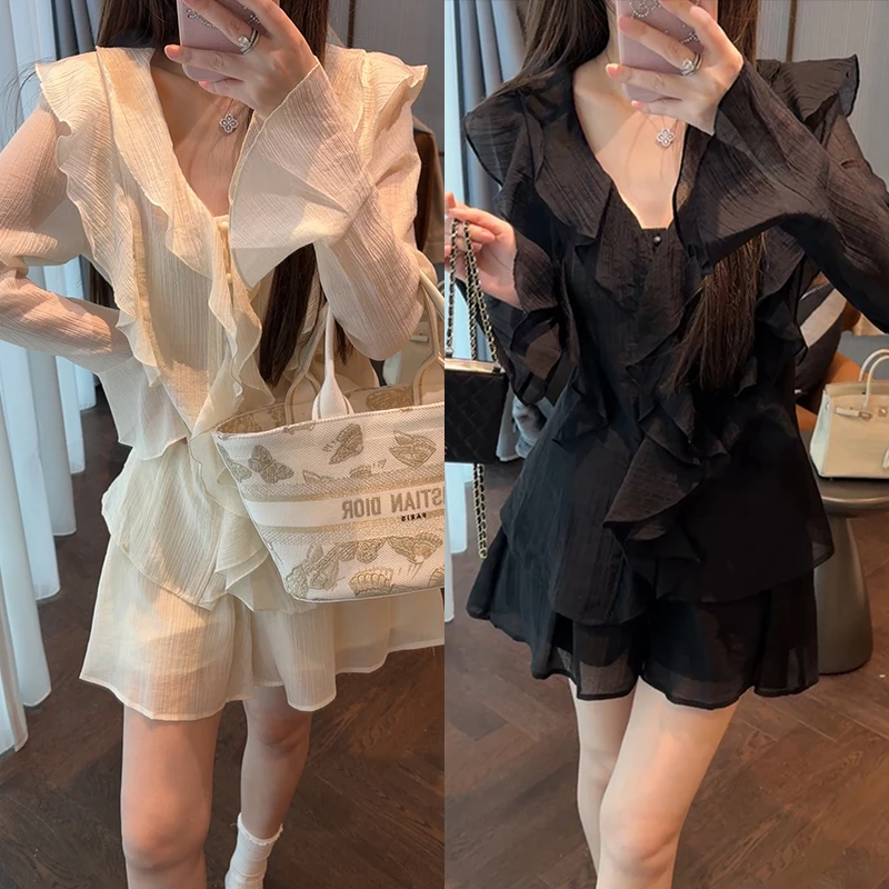 【mimius】婷婷 浪漫甜美荷叶边遮肉显瘦衬衫+短裤微透配背心G03525