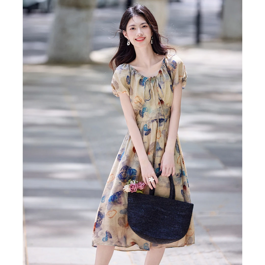 法式复古优雅印花连衣裙女夏季2025新款收腰时尚气质雪纺裙高级感