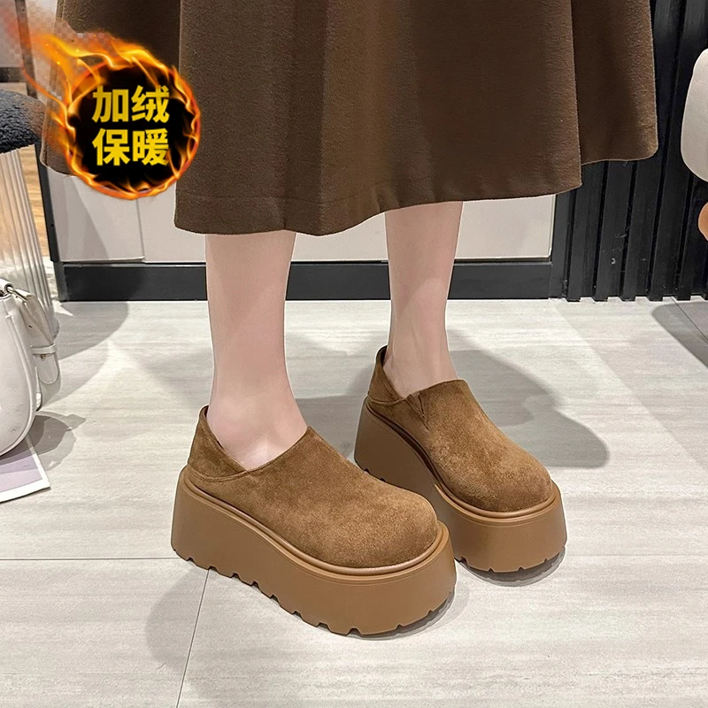 小个子厚底增高女2025秋冬新款勃肯鞋一脚蹬懒人鞋加绒乐福单鞋女