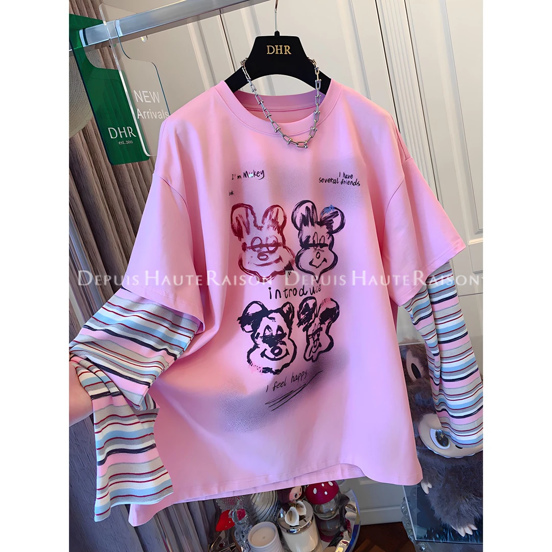 胖mm240斤大码小熊粉色条纹长袖假两件T恤打底衫宽松上衣女秋新款