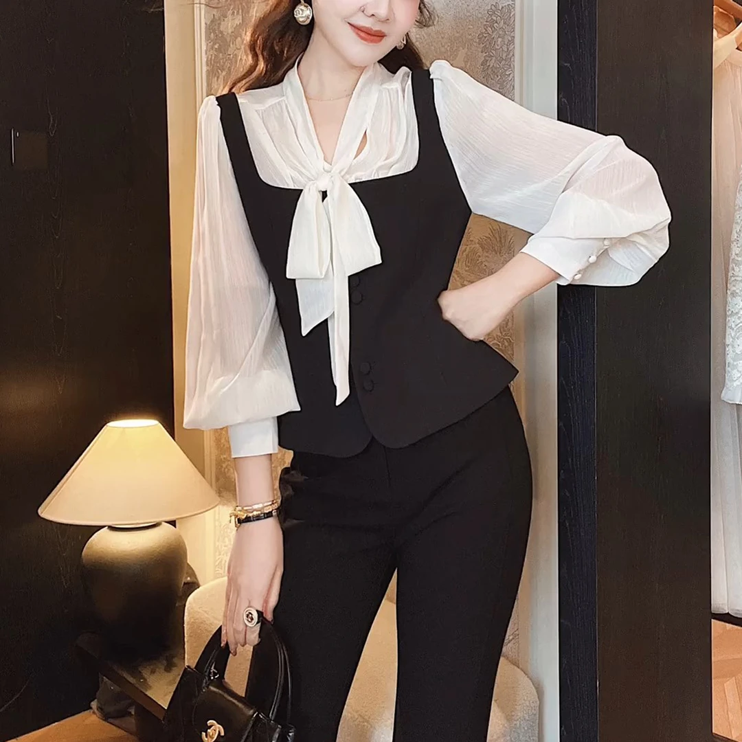 2025早秋新款法式时尚系带蝴蝶结假两件长袖衬衫小个子显瘦上衣女