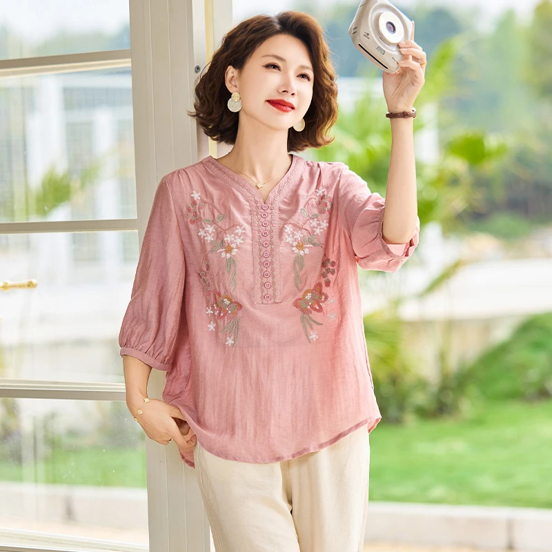 中年妈妈夏装刺绣小衫t恤套装2025新款洋气衬衣两件套母亲节衣服