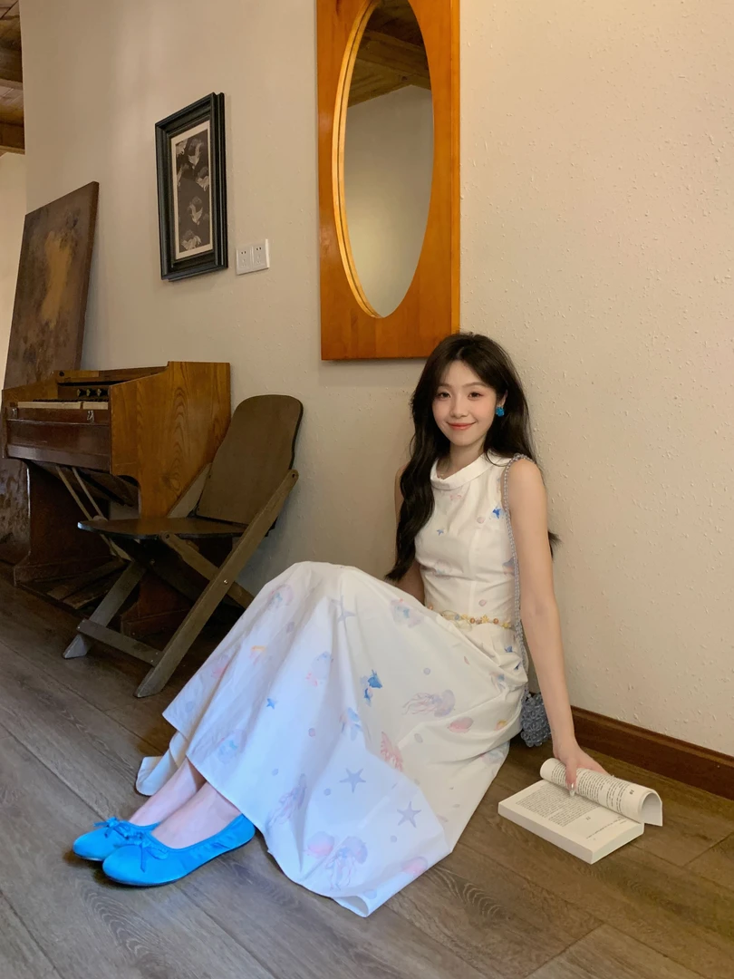 Even一雯【透明水母】韩系高智感海星贝壳气质无袖连衣裙带腰链