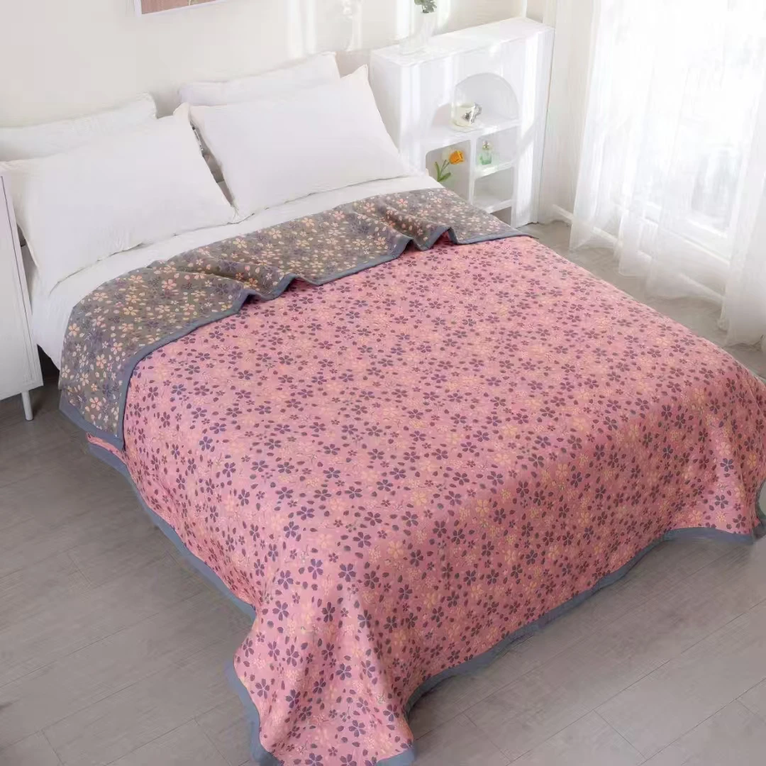 粉色花知晓--200*230多层纱布加厚床盖盖毯
