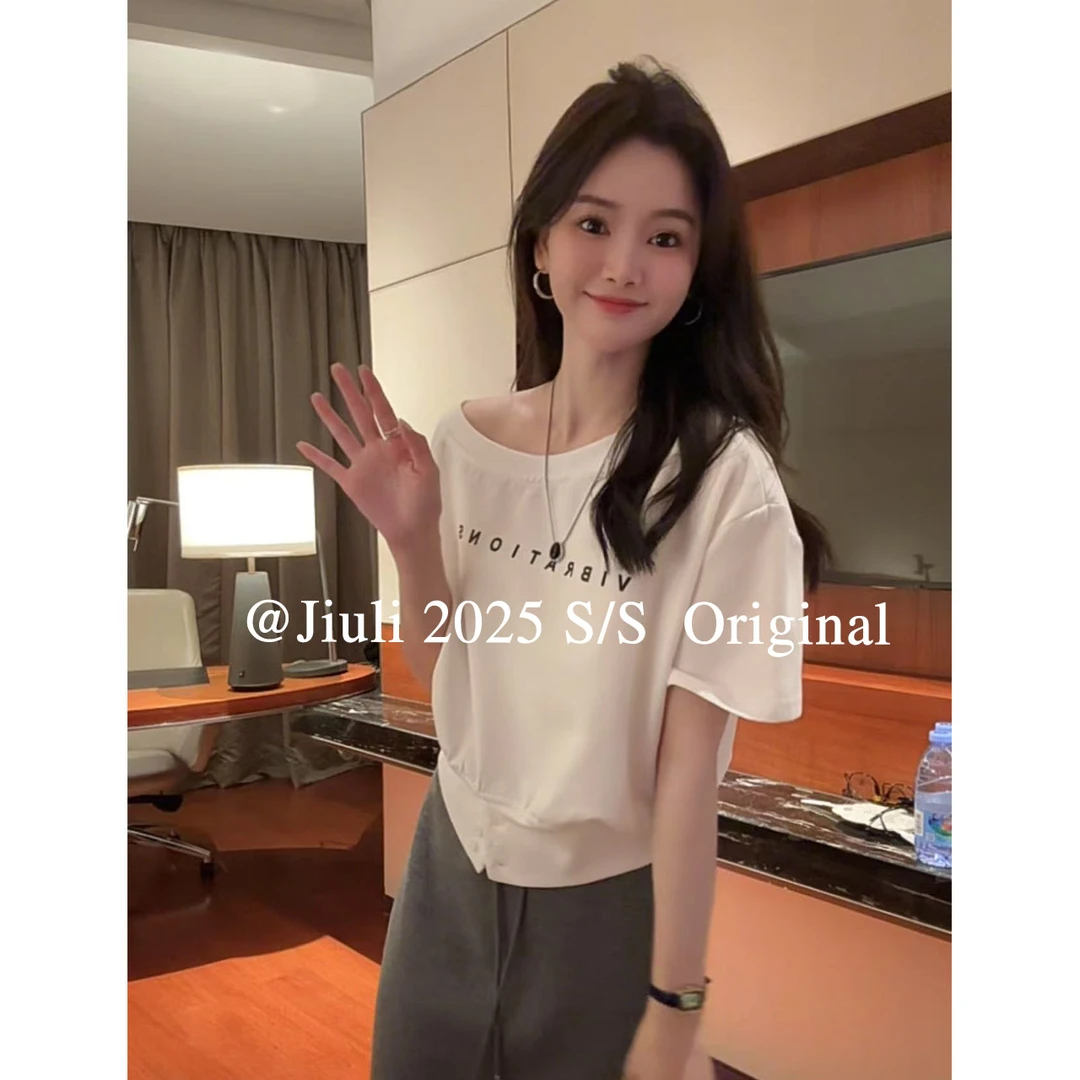 九莉【斜肩T】春夏甜酷斜肩字母短袖T恤上衣