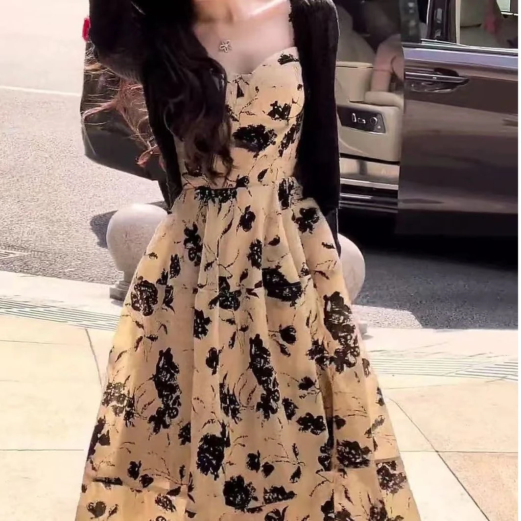 （大嘴）法式碎花吊带连衣裙加开衫两件套2025雪纺长裙8157