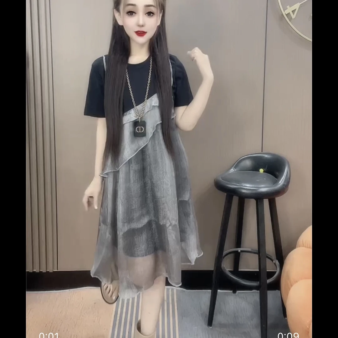 时尚显瘦假两件拼接A版孕妇夏季遮肚连衣裙