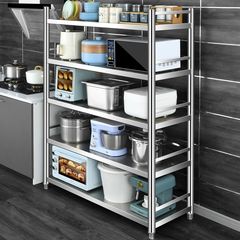 五层不锈钢带围栏厨房置物架多层收纳货架阳台微波炉烤箱加厚架子
