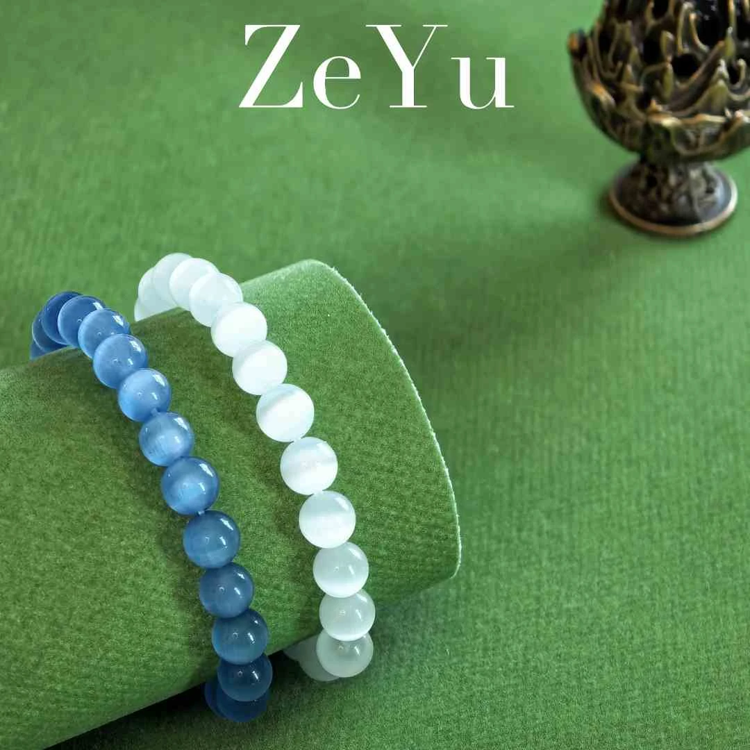 非金属大理石手链 雾川·蓝白猫眼石手串单圈时尚气质国风新中式