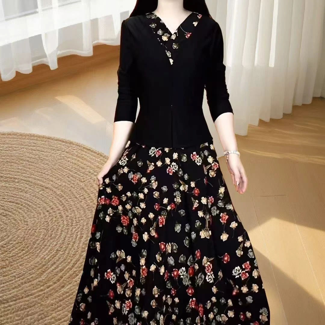 新款长袖假两件显高显瘦连衣裙春秋季时尚中长裙妈妈春装裙子