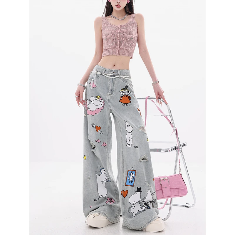 ABWEAR-原创韩系涂鸦水洗破洞设计牛仔裤女春夏新款宽松阔腿裤