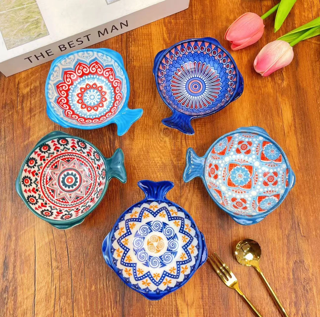 【4个装】波西米亚鱼形单柄碗釉下彩餐具可爱创意陶瓷手绘蘸料碟