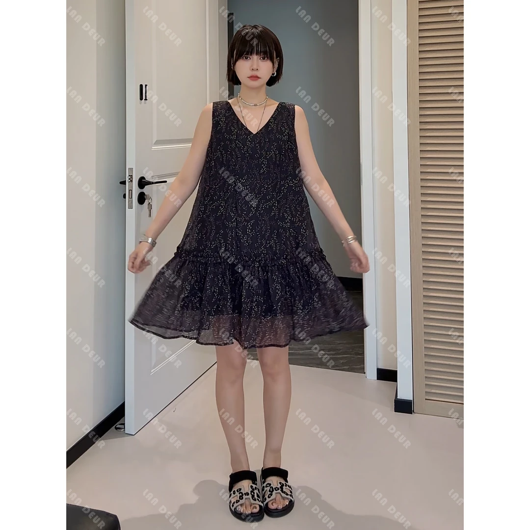 JIUJIU【黑玫瑰之夜】莱赛尔设计感花边碎花连衣裙无袖圆领女