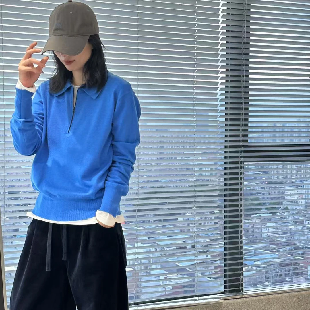 琴仔 蓝色polo领半拉链长袖毛针织衫 D3822