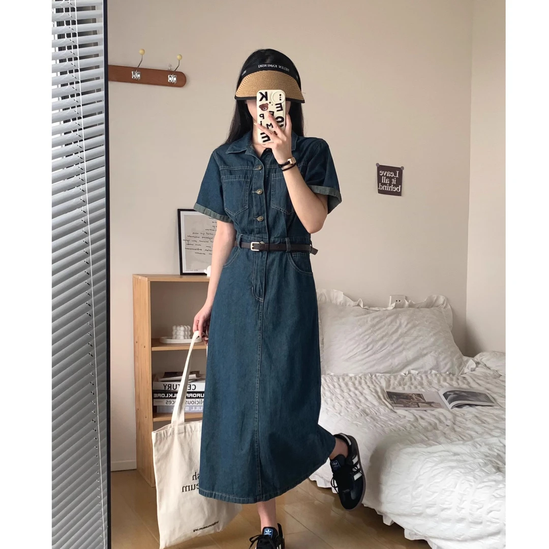 夏季新款休闲气质短袖牛仔连衣裙女收腰高级感复古chic小个子长裙